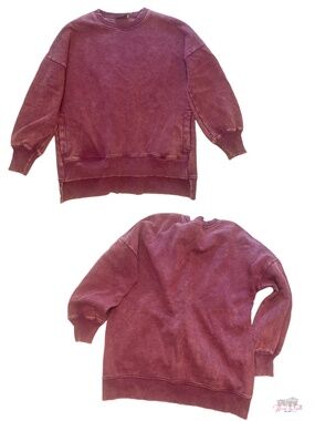ZENANA Acid Wash Oversized Crewneck Sweatshirt with Pockets Small Plum